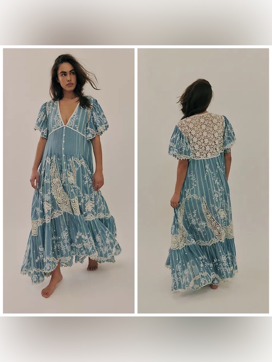 Free People Dresses & Skirts - Free People Blue Bonnet Maxi Dress Embroidered Floral Striped Sundress Small